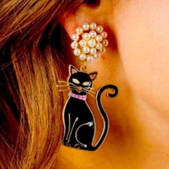 CANVAS Black Cat Dangle Drop Earrings Gold Tone Faux Pearl Studs NWT - Picture 2 of 6